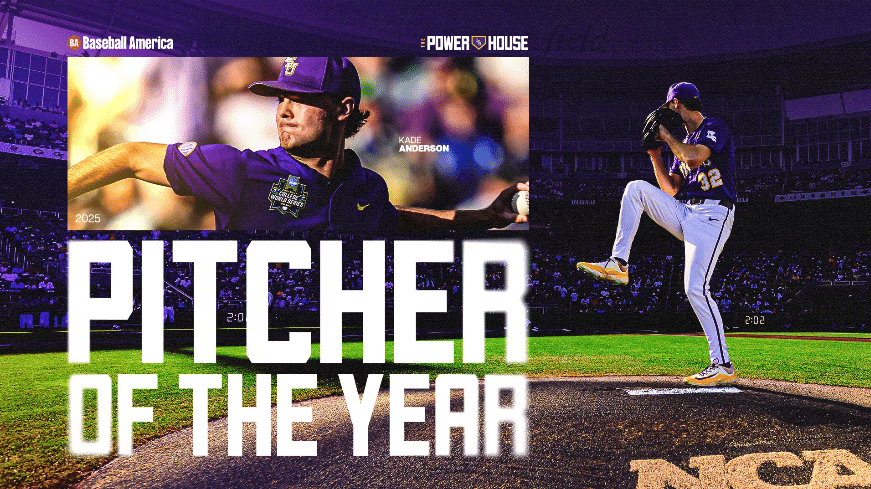 Graphic with two photos of LSU pitcher <a rel=