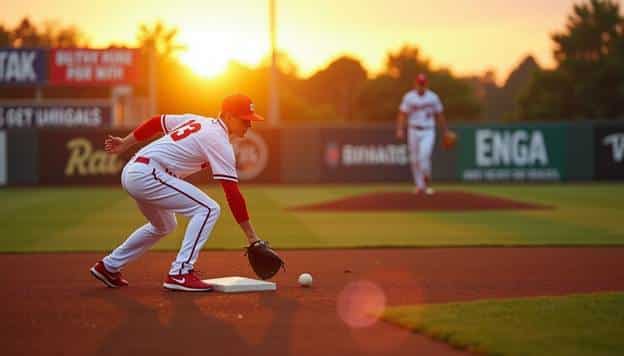 A baseball player fielding a ground ball at sunset.